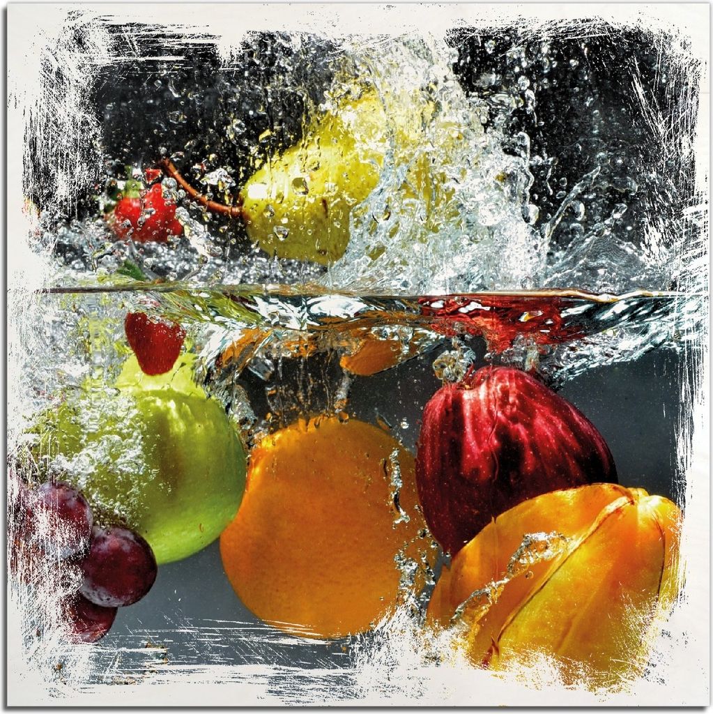 Kunstdrucke Wandbilder Holz in : Brillante Farben, Größe 50 x 50 cm Motiv Früchte im und unter Wasser - Splashing Fruits