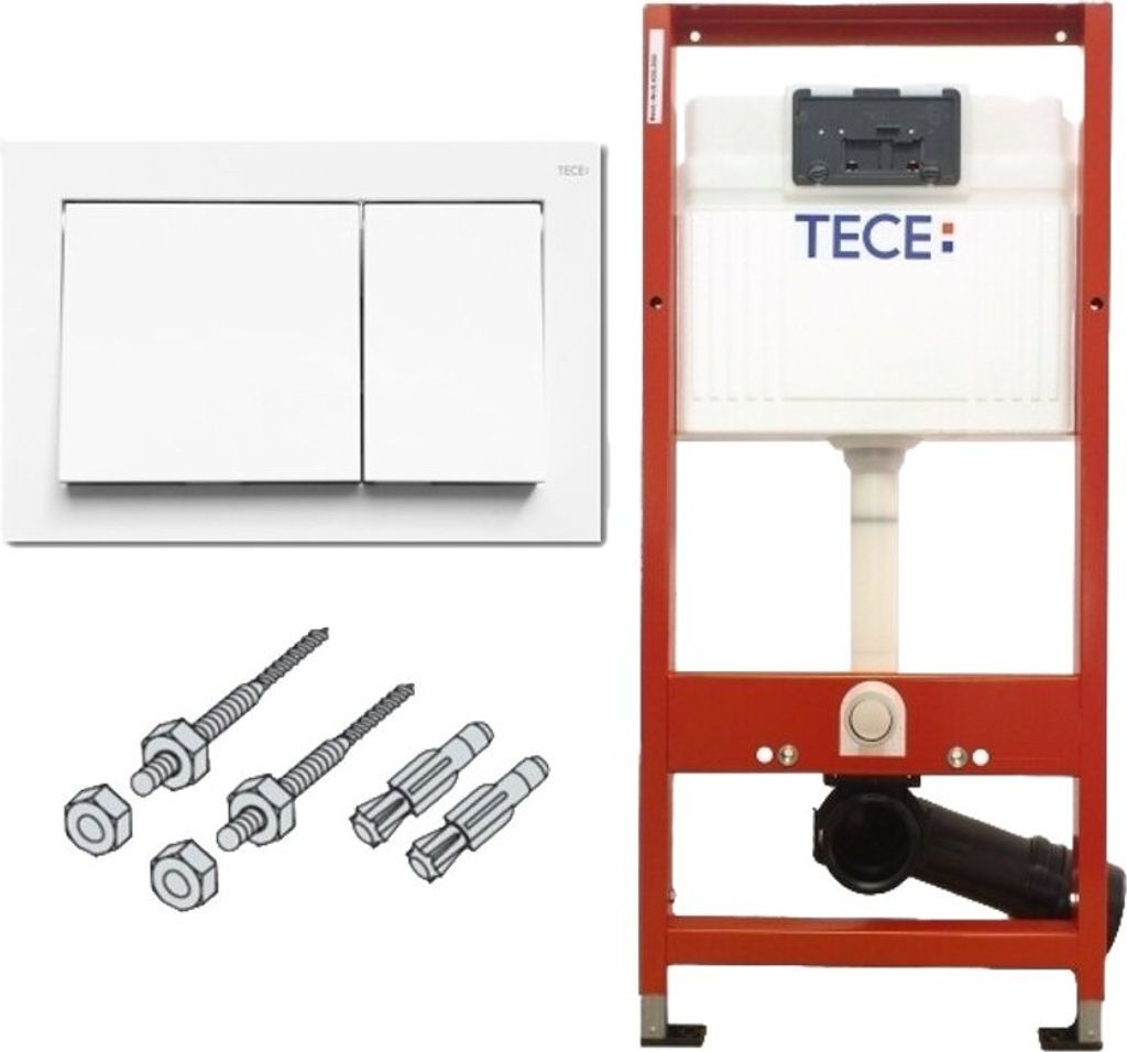 A white toilet flush plate, a red toilet cistern frame, and mounting hardware are displayed against a white background.