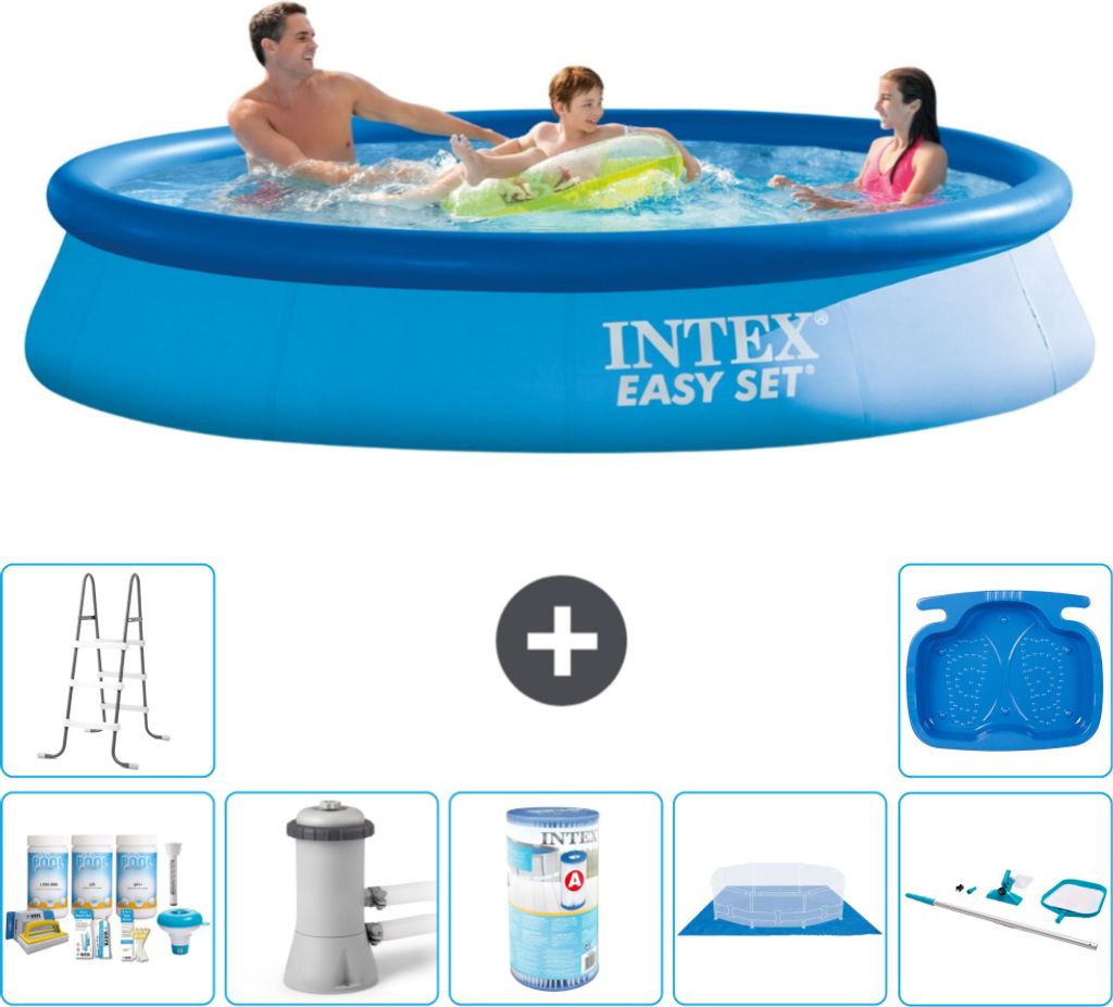 Intex runder aufblasbarer Easy-Set-Pool – 366 x 76 cm – Blau – im Lieferumfang enthalten Wartungspaket - Filterpumpe für Schwimmbad - Filter...