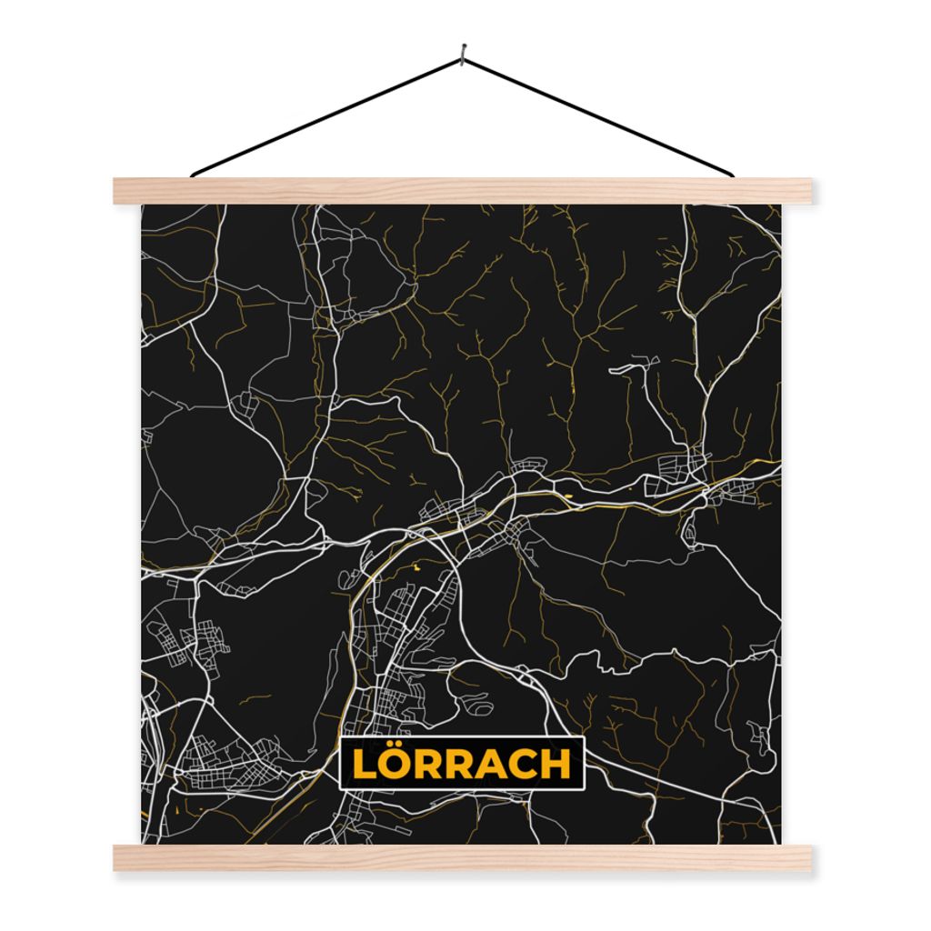 MuchoWow Textilposter Stadtplan - Karte - Lörrach - Gold - Deutschland - Karte 60x60 cm mit holzfarbenen Rahmen - Wanddekoration