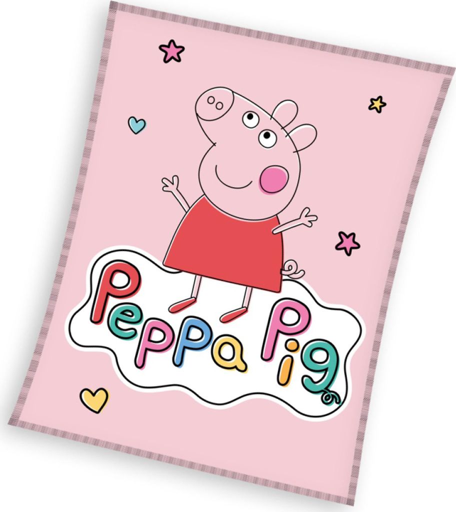 A cartoon illustration of Peppa Pig standing on a cloud with the words 'Peppa Pig' written below her.