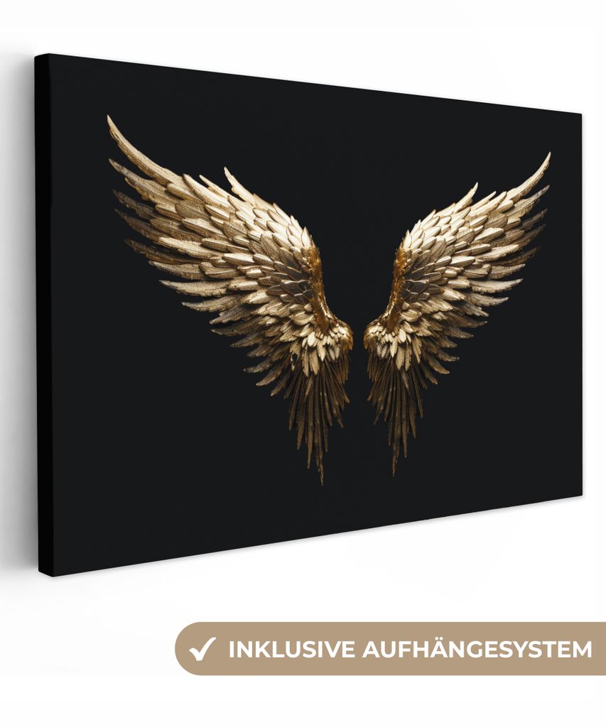 MuchoWow - Leinwandbilder - Flügel - Engel - Gold - Schwarz - Abstrakt, Wandbild, Wanddeko Bilder Wohnzimmer, 90x60 cm