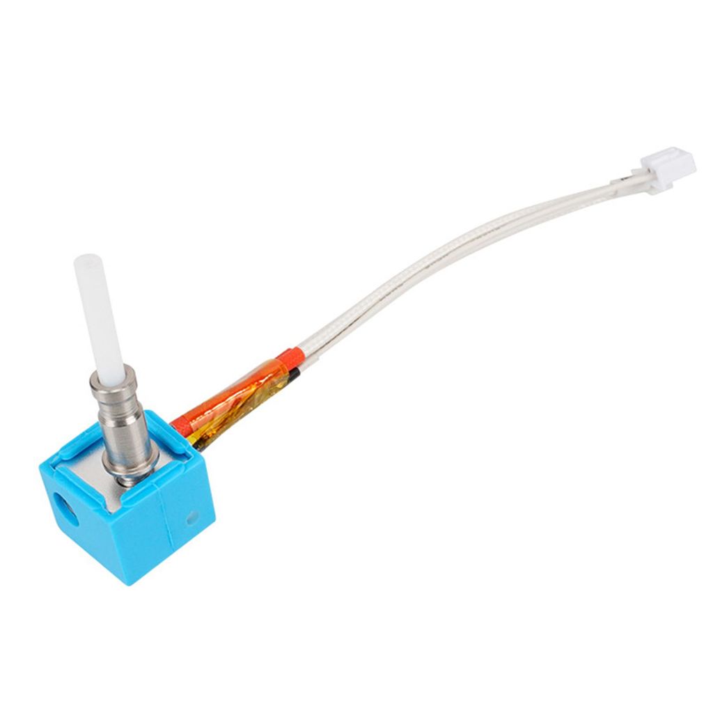 A 3D printer hotend assembly with wires and a connector, isolated on a white background.