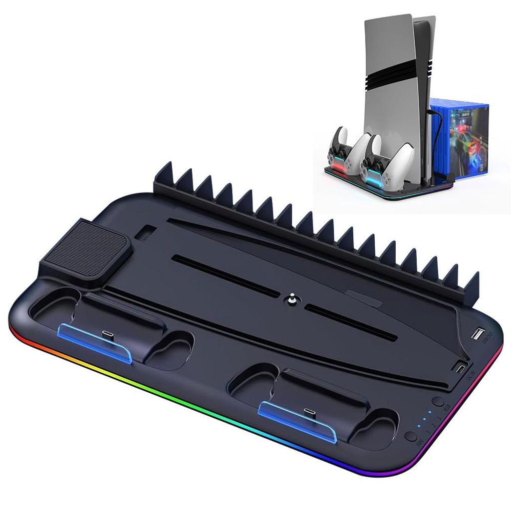 Ständer für PS5 Controller Dual Ladestation mit Lüfter Vertikaler Standfuß PlayStation 5, Schwarz Ladestation Ladestation mit Lüfter für PS5 ...