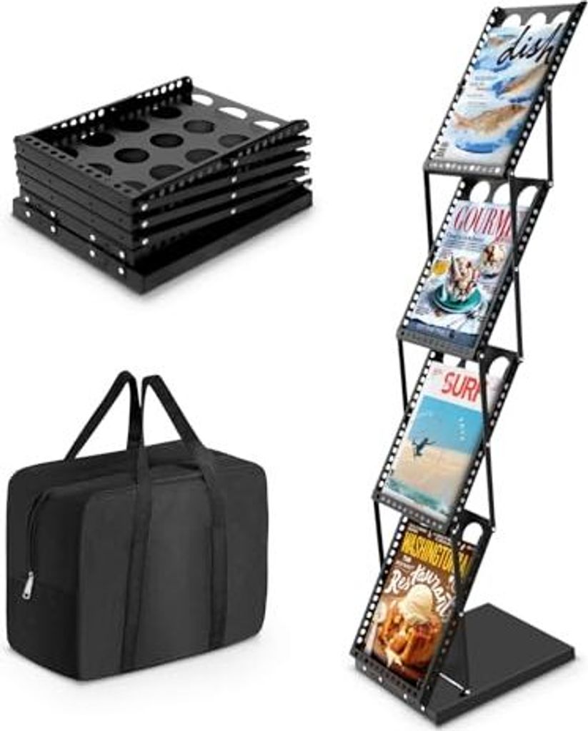 SUNDOY Faltbarer Zeitschriftenständer mit 4 Taschen – Magazinhalter & Broschüre Prospekthalter Tragetasche für Büro, Einzelhandel Messe-Ausst...