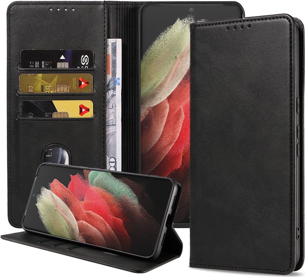 Smartphonica Samsung Galaxy S21 Ultra kunstleren hoesje met magnetische sluiting en pashouders book case - zwart