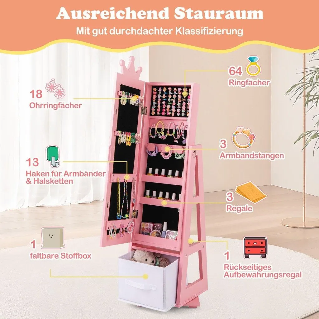 Armoire bijoux rose enfant gain de place miroir inclinable antichoc