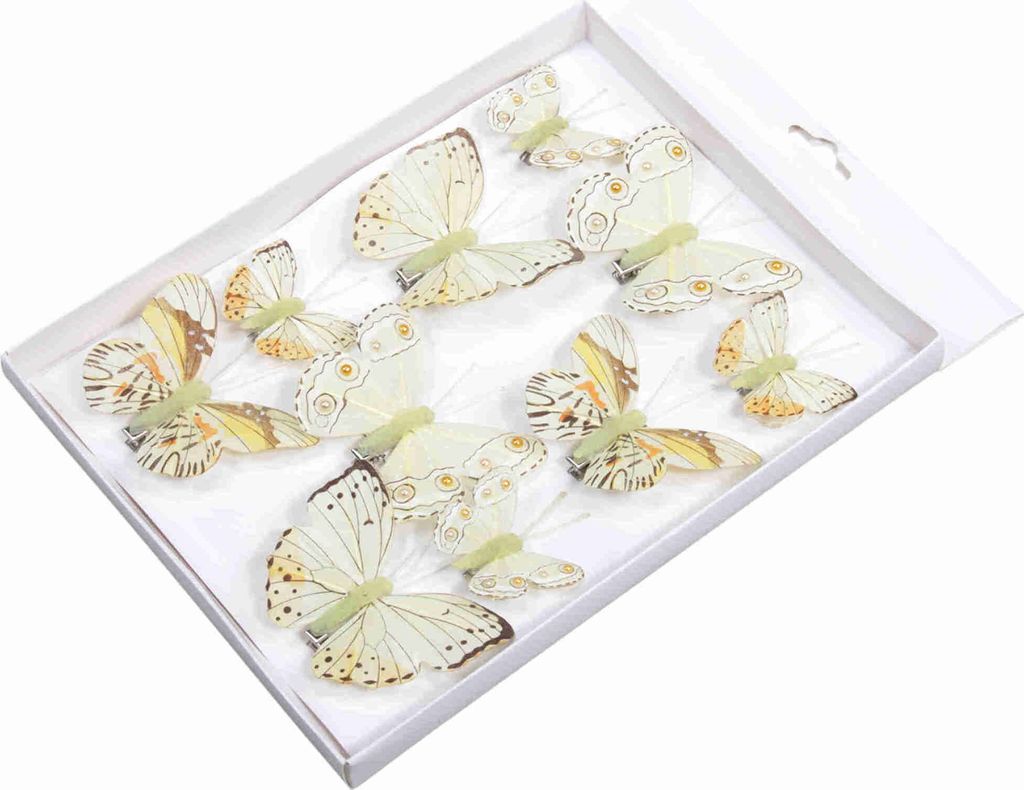 10 Feder Schmetterlinge Set 7cm + 4,5cm mit Metall Clip Butterfly Federn, Farbe:gelb