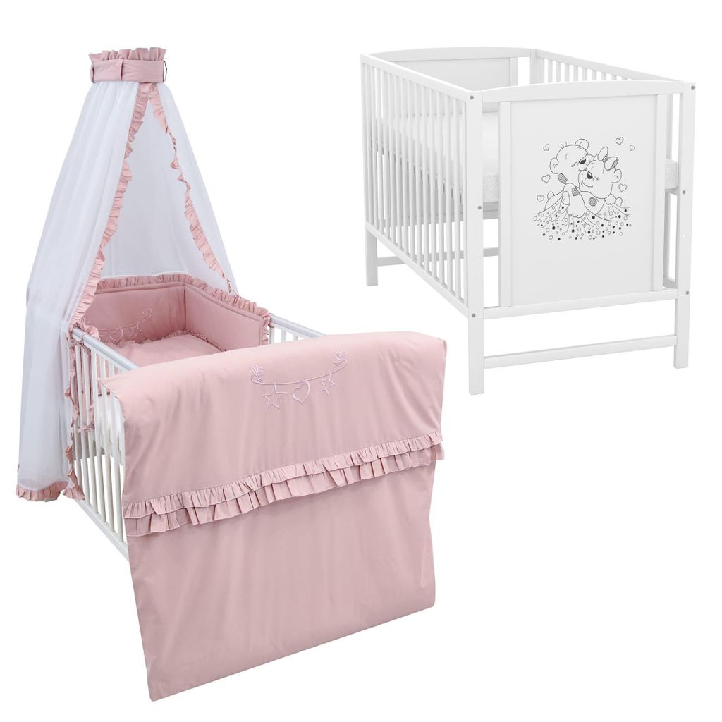 Baby-Delux Babybett Gitterbett Mia weiß 60x120 inkl. Matratze Bettwäsche Set 10tlg Royal Rüsche Rosa