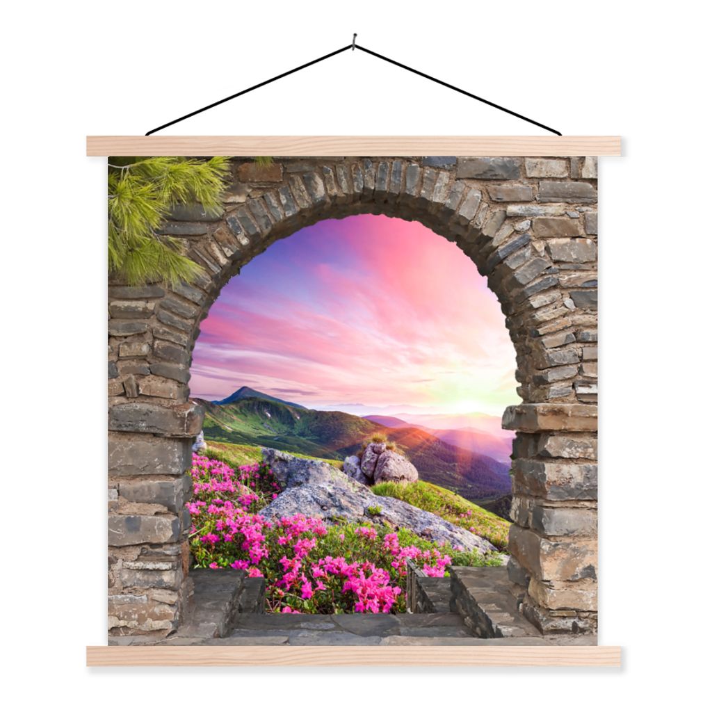 MuchoWow Textilposter Landschaft - Aussicht - Blumen - Berg 40x40 cm mit holzfarbenen Rahmen - Posterleiste