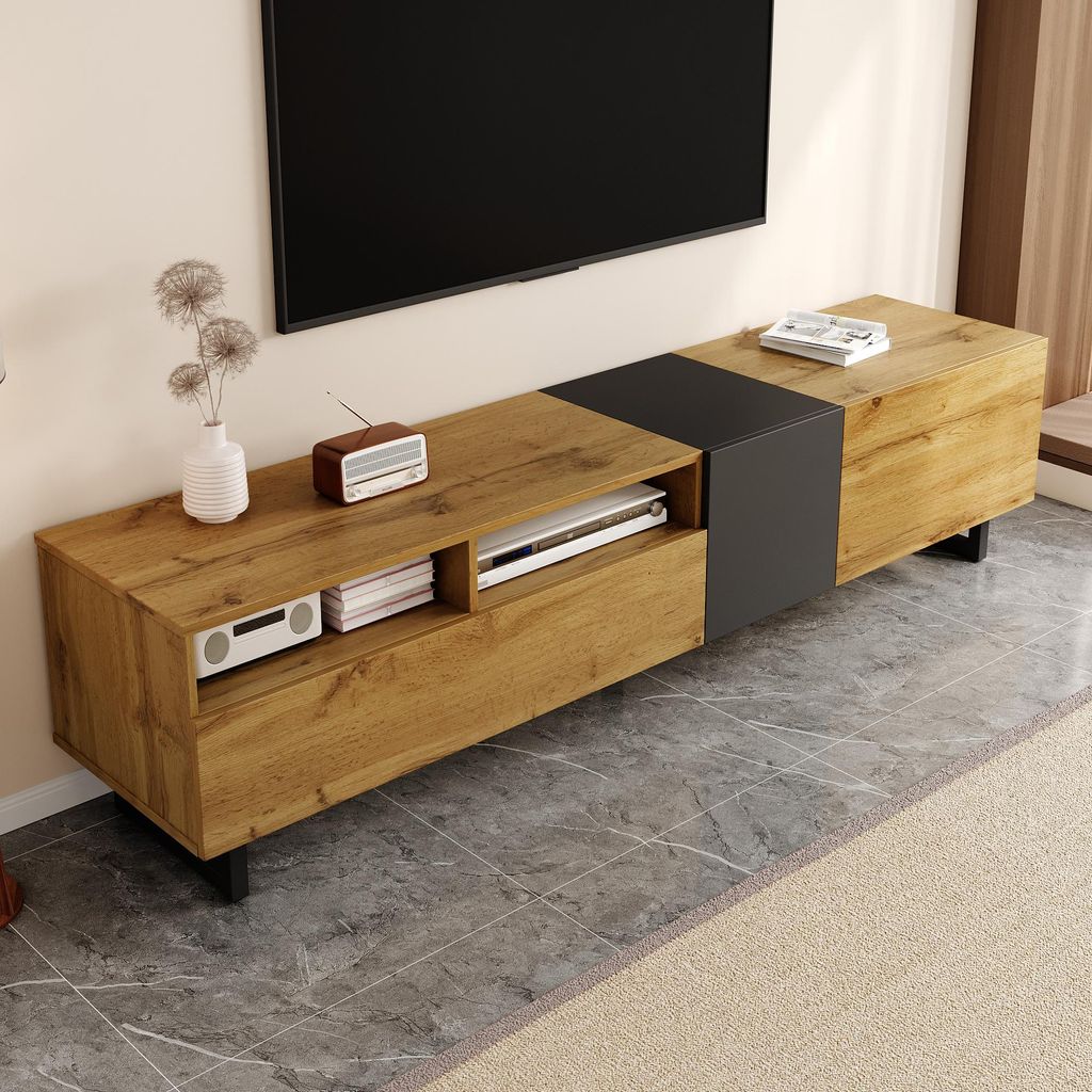 STILVORA TV-Schrank mit Klapptüren&Große Kapazität,Fernsehschrank grifflos mit U-förmige Metallbeine,TV-Lowboard mit offene Regale,Holzfarbe