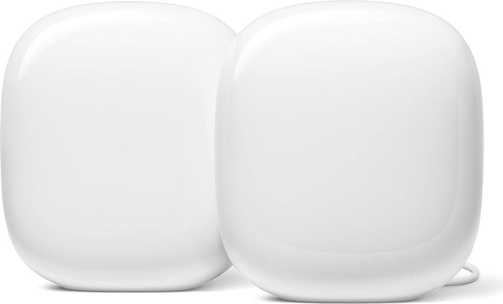 Two white Google Nest Wifi Pro devices are shown side-by-side against a white background.