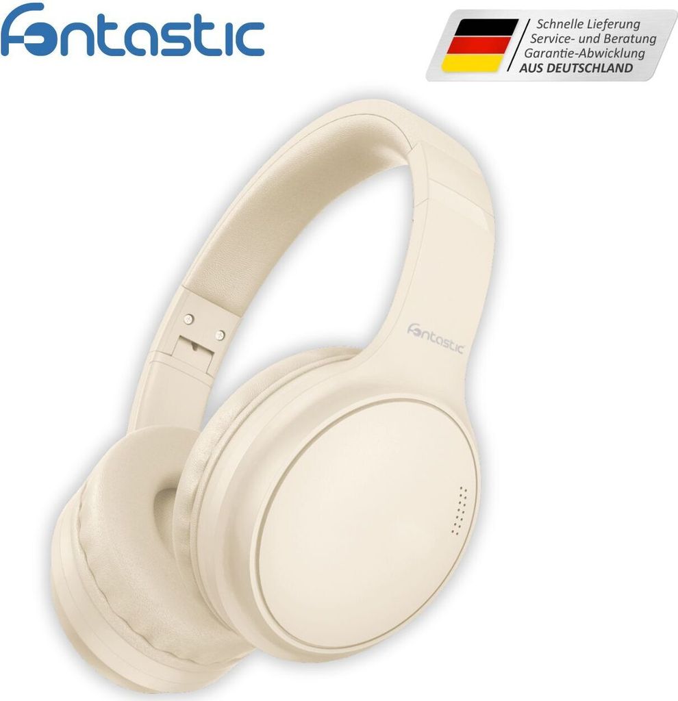 A pair of cream-colored wireless headphones is shown against a white background.