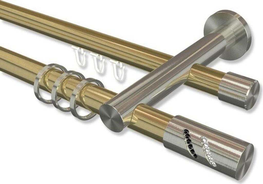 Interdeco Rundrohr-Innenlaufstange, Gardinenstange (Kombination) Messing-Optik / Edelstahl-Optik Modell Platon Zoena, 20 mm Ø 2-läufig, 240 cm