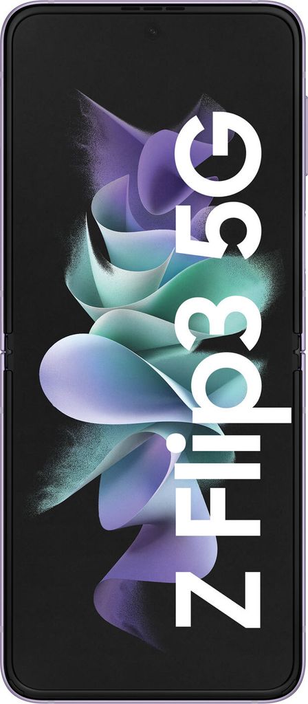 A Samsung Galaxy Z Flip3 5G phone with a purple frame and a screen displaying abstract purple and green waves, with the text "Z Flip3 5G" overlaid.