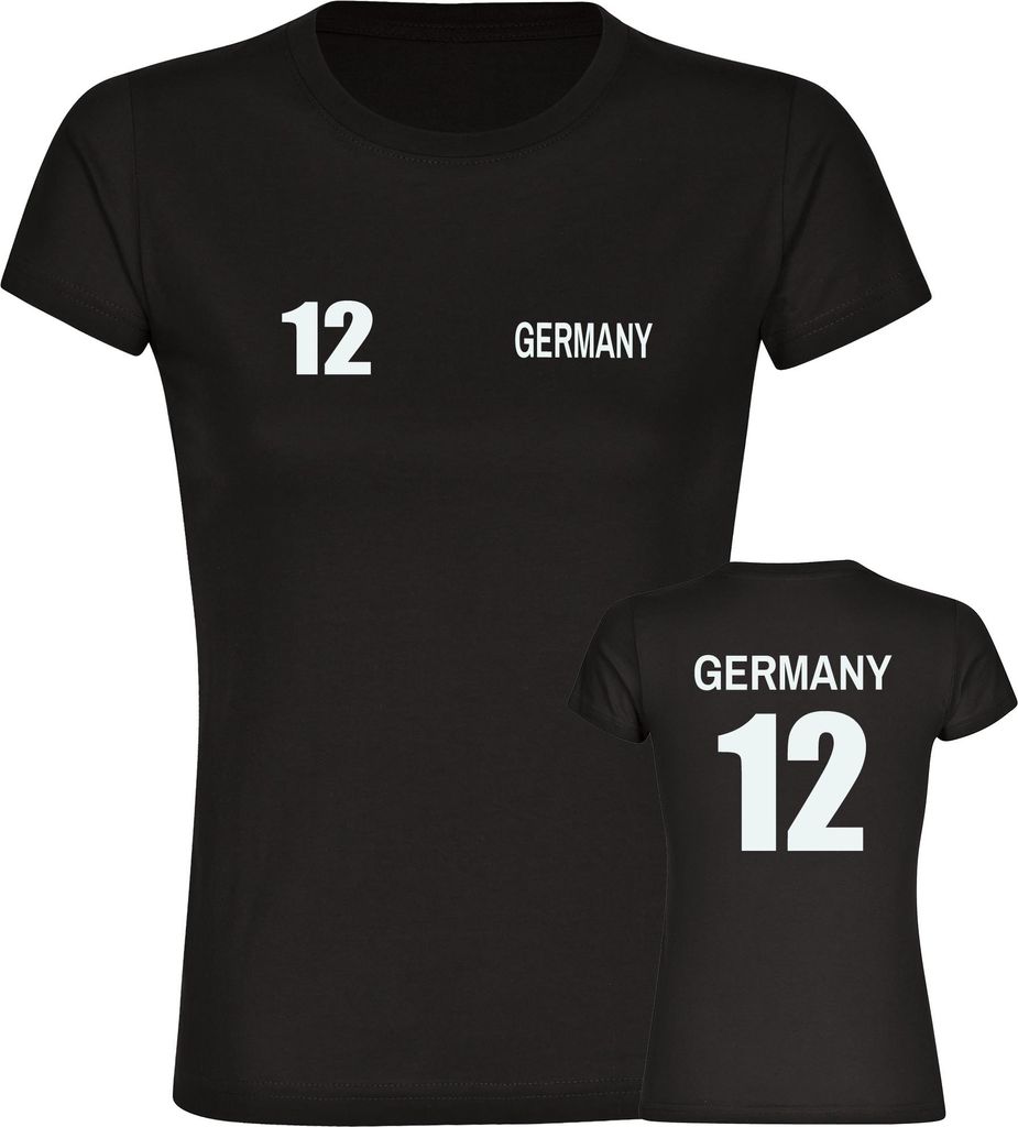 multifanshop Damen T-Shirt - Germany - Trikot Nummer 12, schwarz, Größe XL
