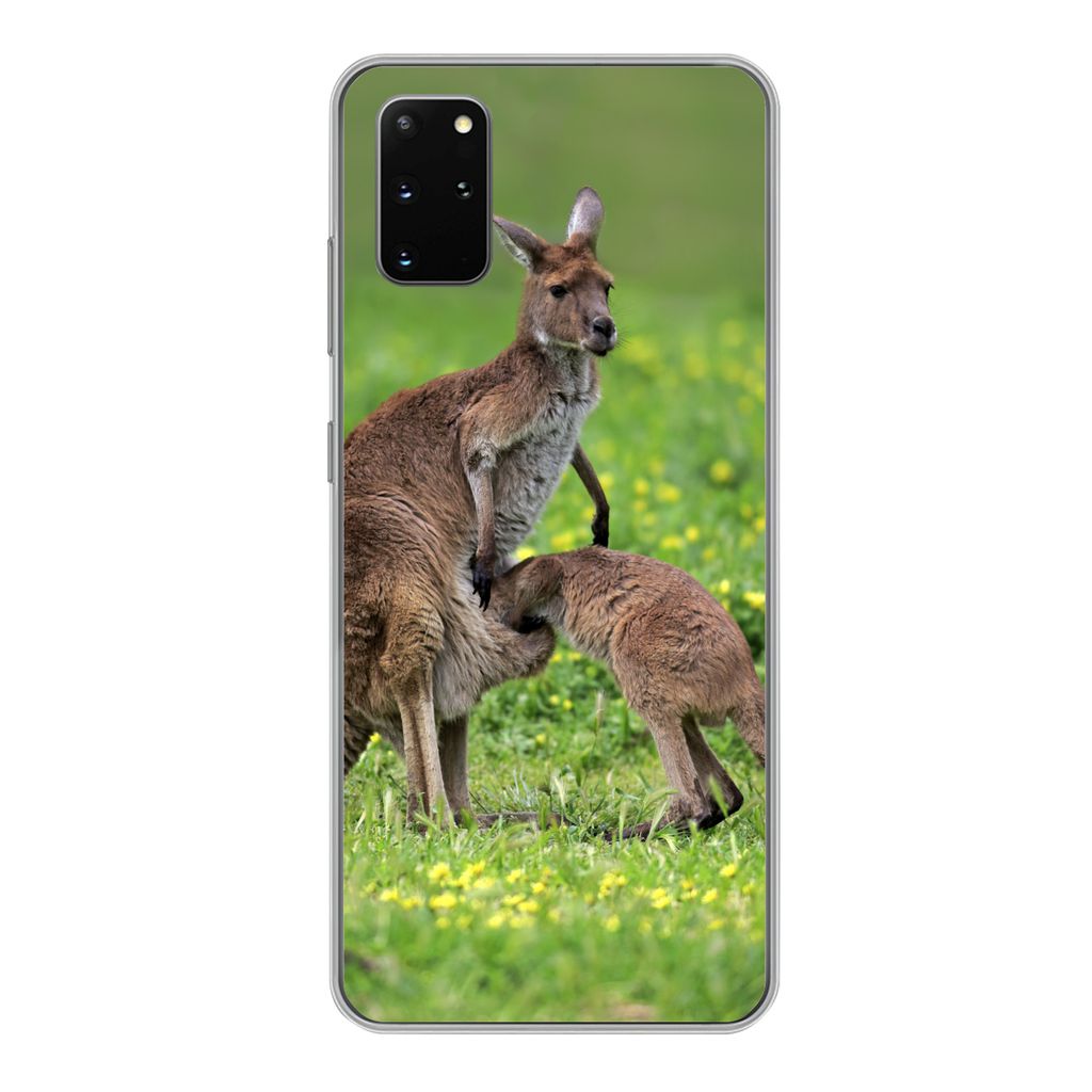 MuchoWow Handyhülle Schutzhülle Hülle für Samsung Galaxy S20 Plus Känguru - Blumen - Jung Silikon Softcase Handy Hülle - Hartschale