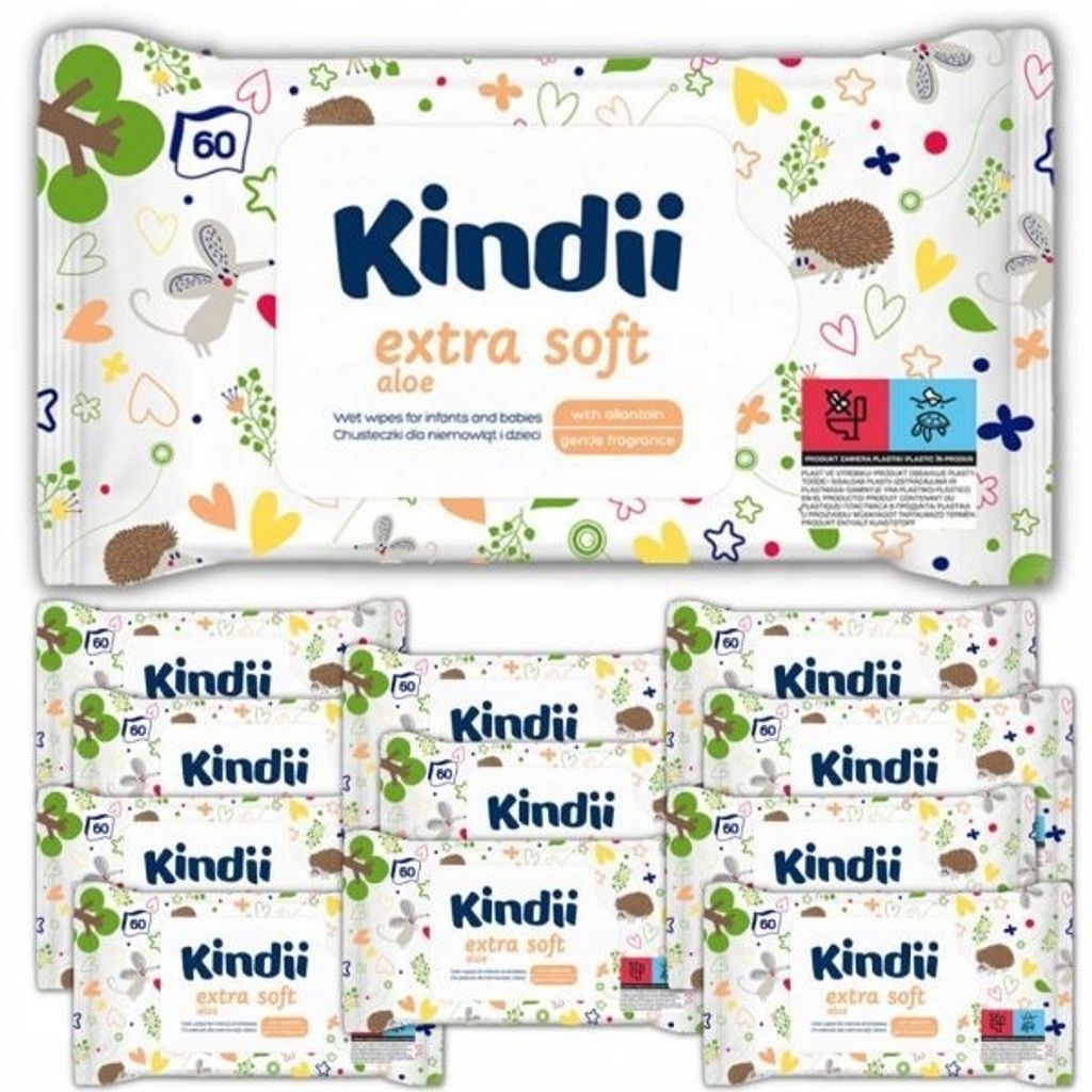 A product shot of multiple packs of Kindii Extra Soft Aloe wet wipes, arranged in a grid.