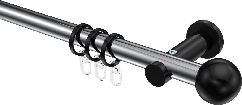 Interdeco Gardinenstange / Vorhangstange Chrom / Schwarz, Typ Platon Luino (Kugel), 20 mm Ø 1-läufig, 440 cm