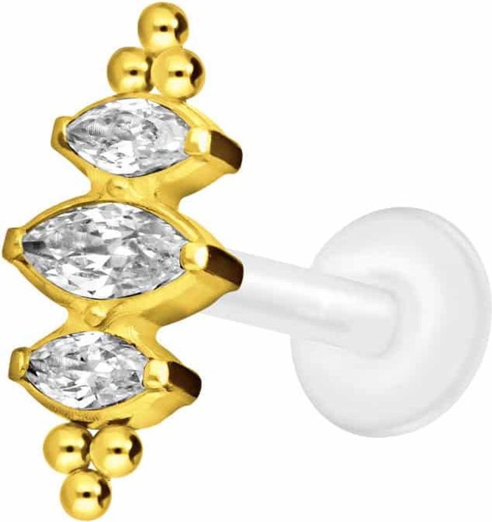 Ohrpiercing, Nasenpiercing PTFE Labret mit Innengewinde + Titan-Aufsatz 3 KRISTALLTROPFEN + KUGELN Gold Stablänge: 9mm | Stabstärke: 1,2mm