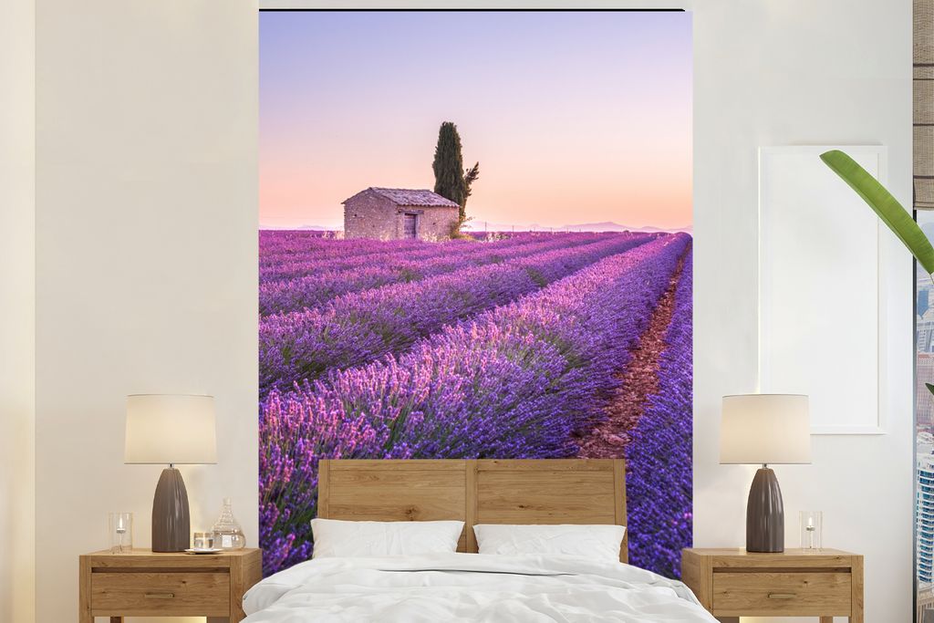 MuchoWow Fototapete für Wohnzimmer oder Schlafzimmer Wandtapete Vinyl Motivtapete Lavendel - Sonnenuntergang - Lila - Blumen - 160x240 cm - Viny...