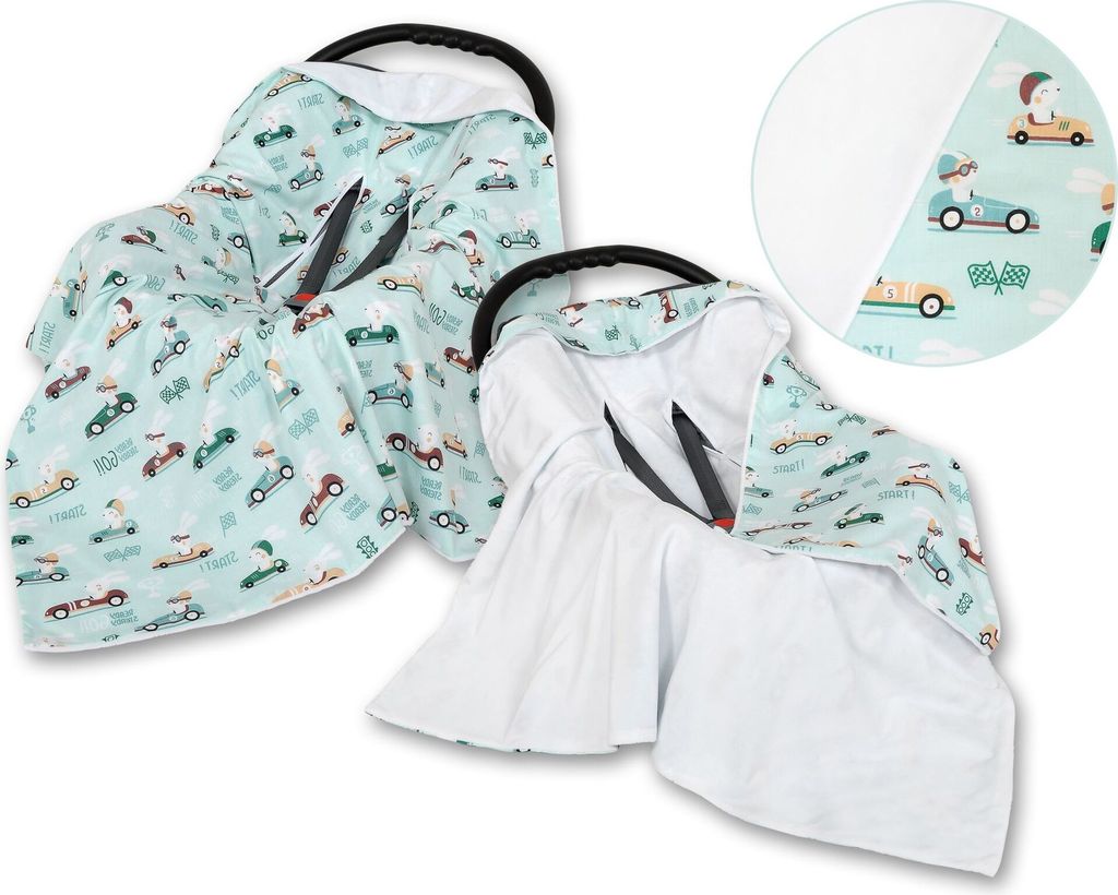 Großes Tragetuch für Kinderwagensitz, doppelseitig - mint/weiße Hasen