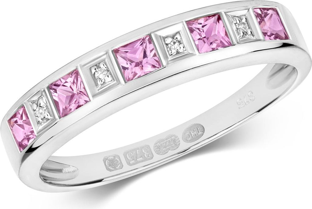 Funkelndes Feuer Eleganter 9 Karat (375) Weißgold Halb Eternity Diamant Ring Brillant-Schliff H - PK mit rosa Saphir, 51 (16.2); TRS290699KWRSL