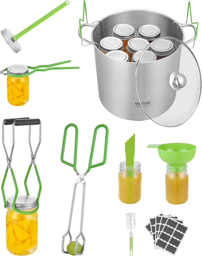 VEVOR Einmachzubehör Starter-Kit 9-teiliges Einmachwerkzeug-Set (Topf, Edelstahlregal, Glasdeckel, PP-Trichter, Zange, Glasheber, Schraubenschlüs...
