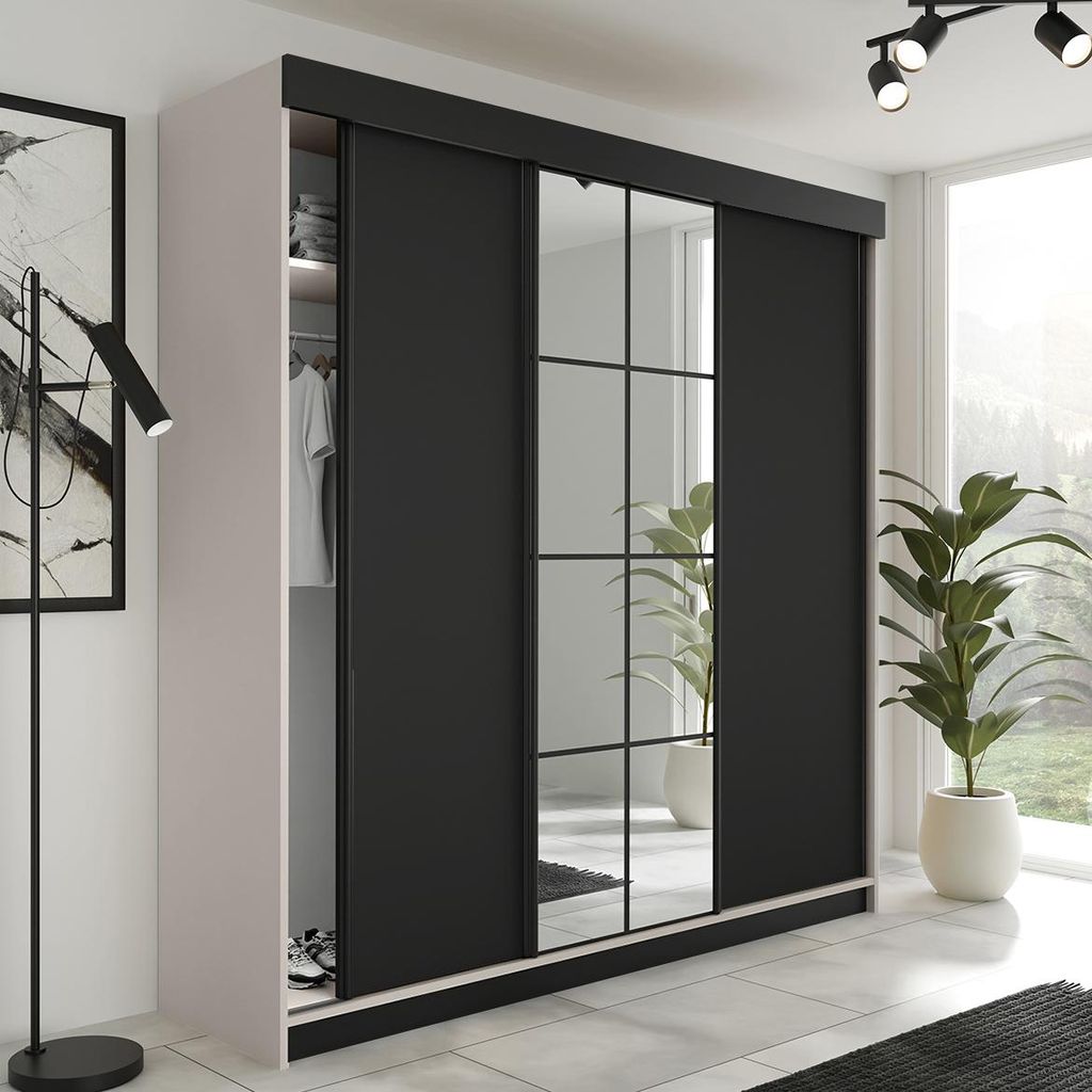 FurMeb24 3-türiger Schiebetürenschrank LAMER 250x205 cm Kleiderschrank mit Spiegel (Kaschmir + Schwarz)