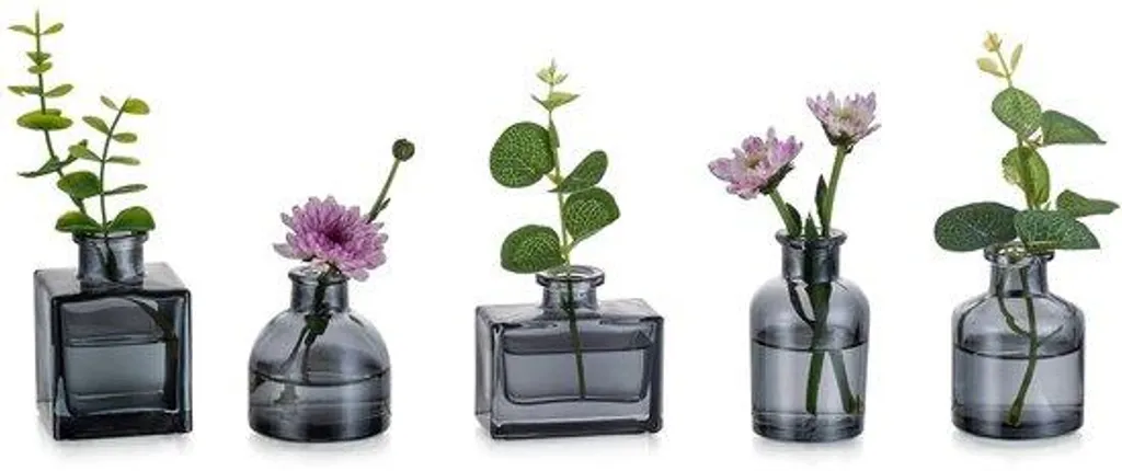 Lot de 5 vases gris en verre, petits vases stables pour décoration chic