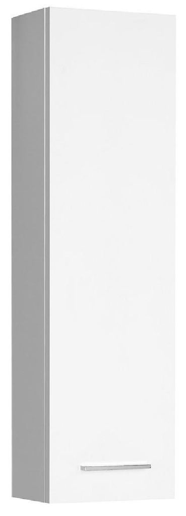 A white cabinet with a silver handle against a white background.