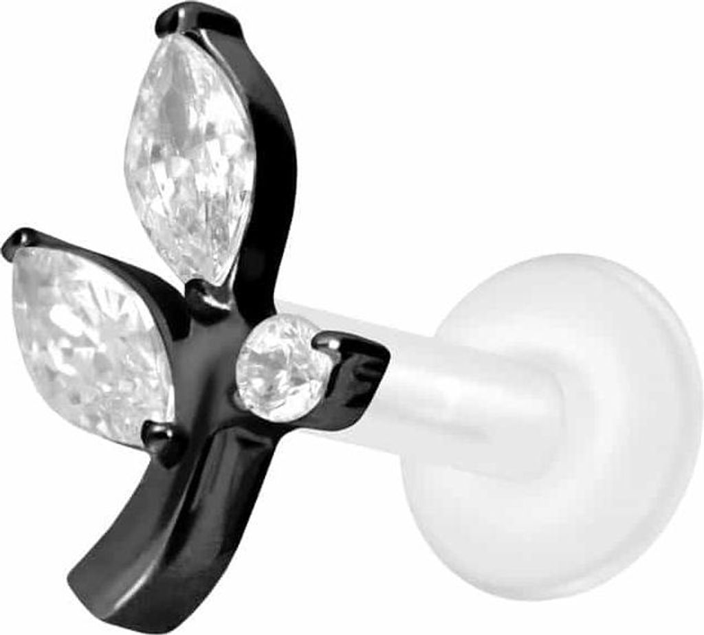 Ohrpiercing, Nasenpiercing PTFE Labret mit Innengewinde + Titan-Aufsatz KRISTALLZWEIG Schwarz Stablänge: 7mm | Stabstärke: 1,6mm