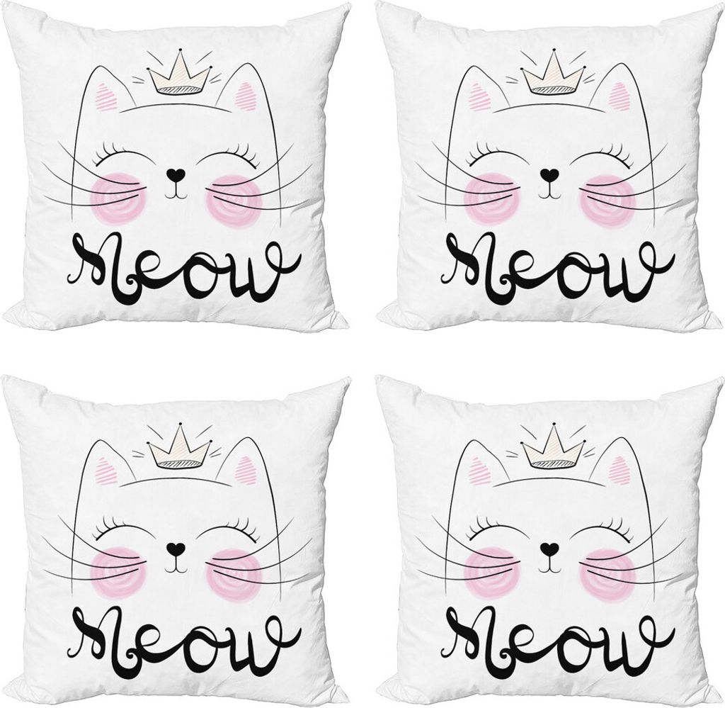 ABAKUHAUS Katze Kissenbezug Set (4 Stück), Charming Meow Princess, Moderner Doppelseitiger Digitaldruck, 50 cm x 50 cm, Baby-Rosa schwachgrau