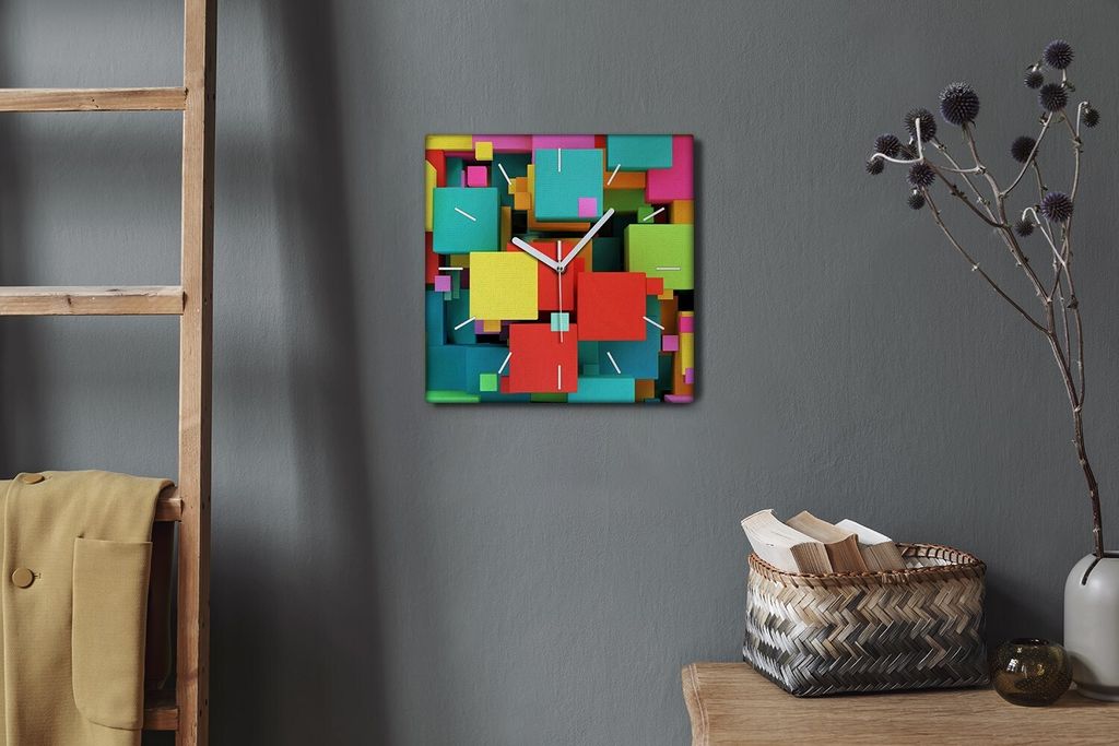 Coloray Hodiny Unikátní 30x30 cm Tiché hodiny Pro obývací pokoj a kuchyň Nástěnné hodiny Plátno Bílé ručičky hodin - Kostky