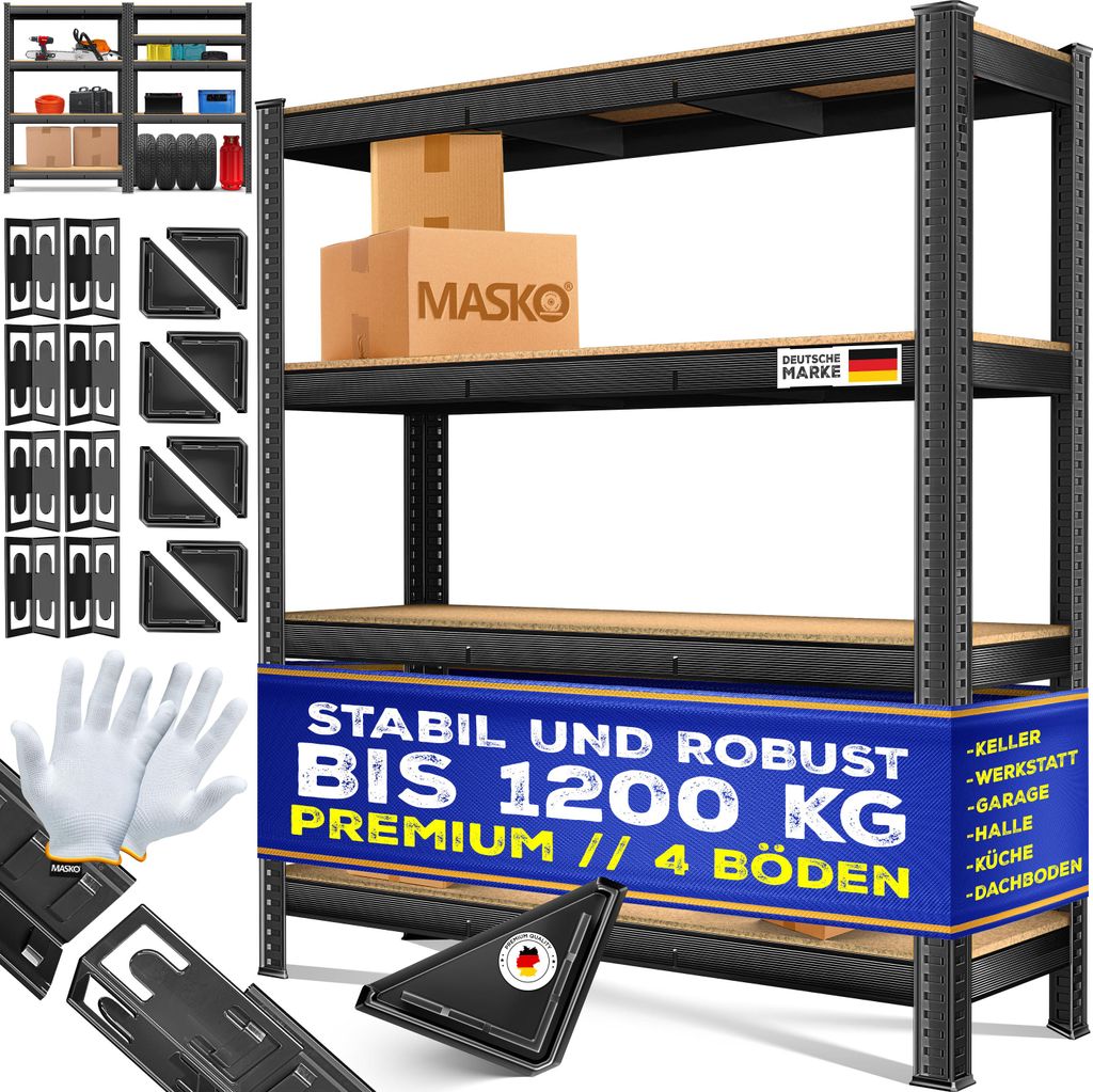 MASKO Schwerlastregal Lagerregal Kellerregal 180x90x60cm verstellbare Ablagen MDF-Platten Werkstatt-Regal aus Metall Steckregal Stahlgestell Werk...