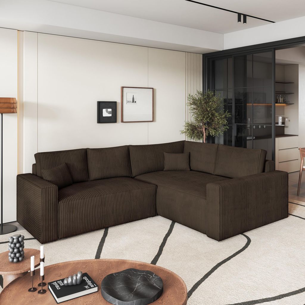 Masseno Ecksofa ERONIS R-S mit Schlaffunktion L-Form, Sofa mit Bettkasten, Wohnzimmersofa, Couch, Soffa, Bettsofa, Couchgarnitur- Braun, POSO 06