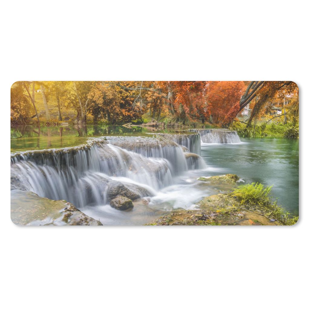 MuchoWow Schreibtischunterlage Herbst - Wasserfall - Natur - Bäume 80x40 cm - XXL Mauspad - Gaming Mauspad