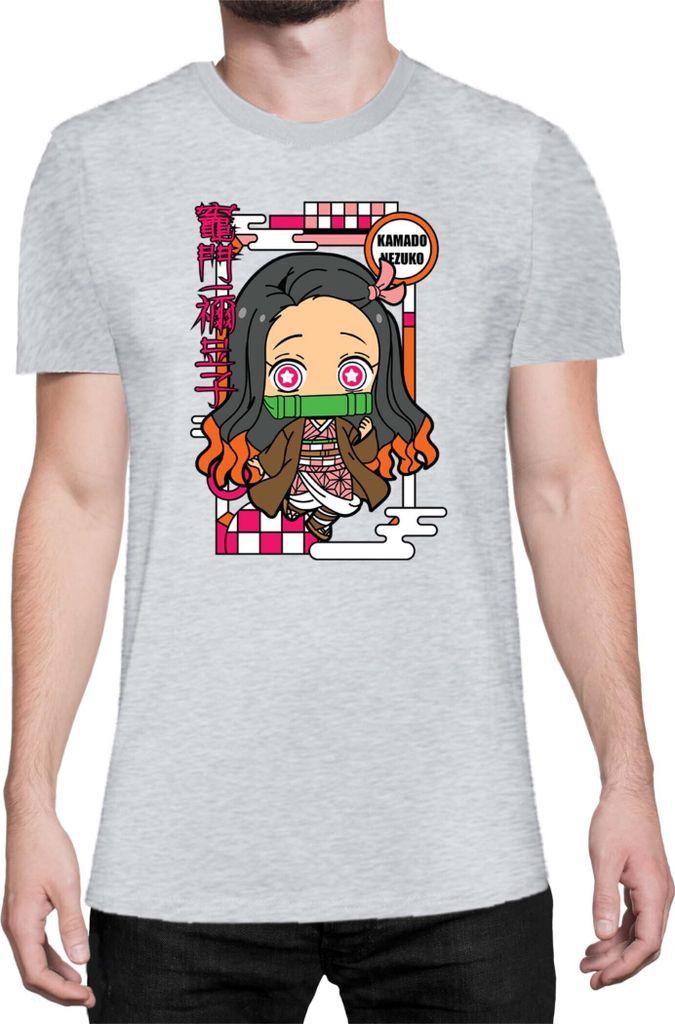 Herren T-Shirt Demon Anime Slayer Kimetsu No Yaiba Chibi Nezuko Kamado, Man XL / Grau