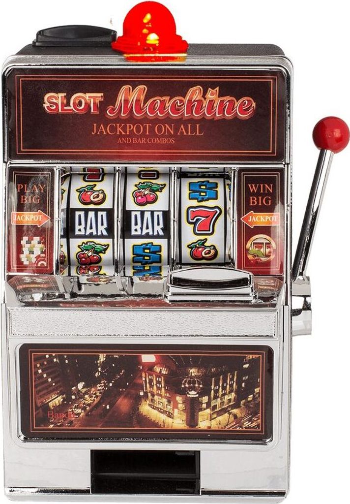 A close-up, front-facing shot of a miniature slot machine.