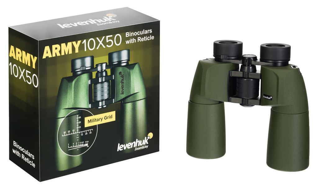 A product box and a pair of binoculars are shown side-by-side against a white background.