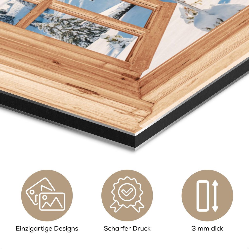 MuchoWow Wanddekoration Metall Metallbild Wandkunst 40x30 cm Durchblick - Winterlandschaft - Hütte - Berge - Aussicht MuchoWow Aluminium Gemälde ...