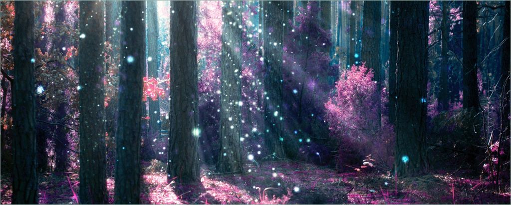 Wallario selbstklebendes Poster - Fantasie im Wald - Pinke Blumen in der Sonne, Größe: 50 x 125 cm