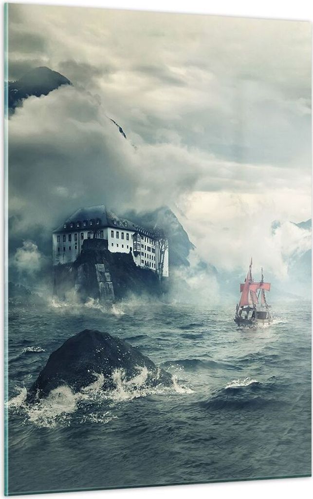 Bilder auf glas - Einteilig - Sturm Berge Segelschiff - 50x70cm - Glasbilder - Wandbilder - Bilder - zum Aufhängen bereit - Wanddekoration aus Gla...