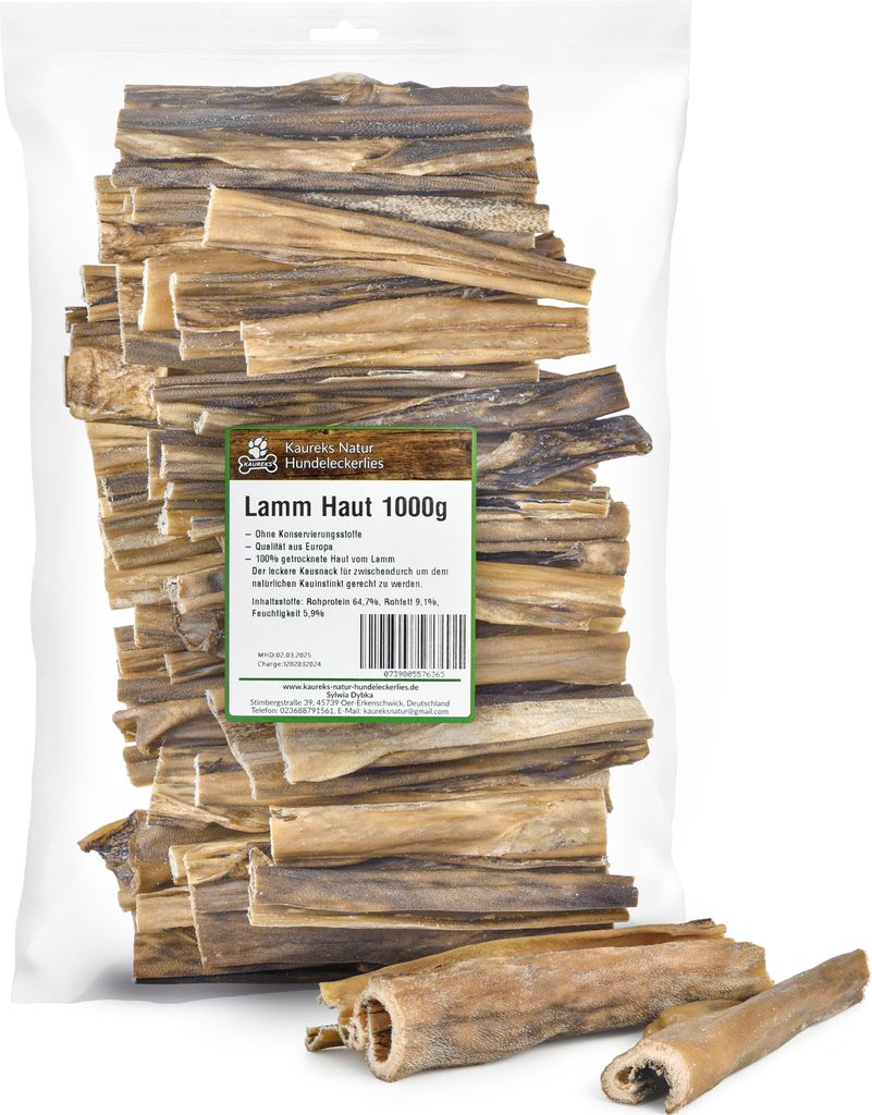 Lammhaut Hundesnack, 1 kg, ca. 15 cm lang, hypoallergen, Produktbild 