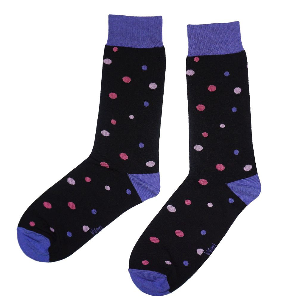 Damen Basic Socken aus Baumwolle Ringel und Punkte Schwarz-Lila Punkte Größe 35-38