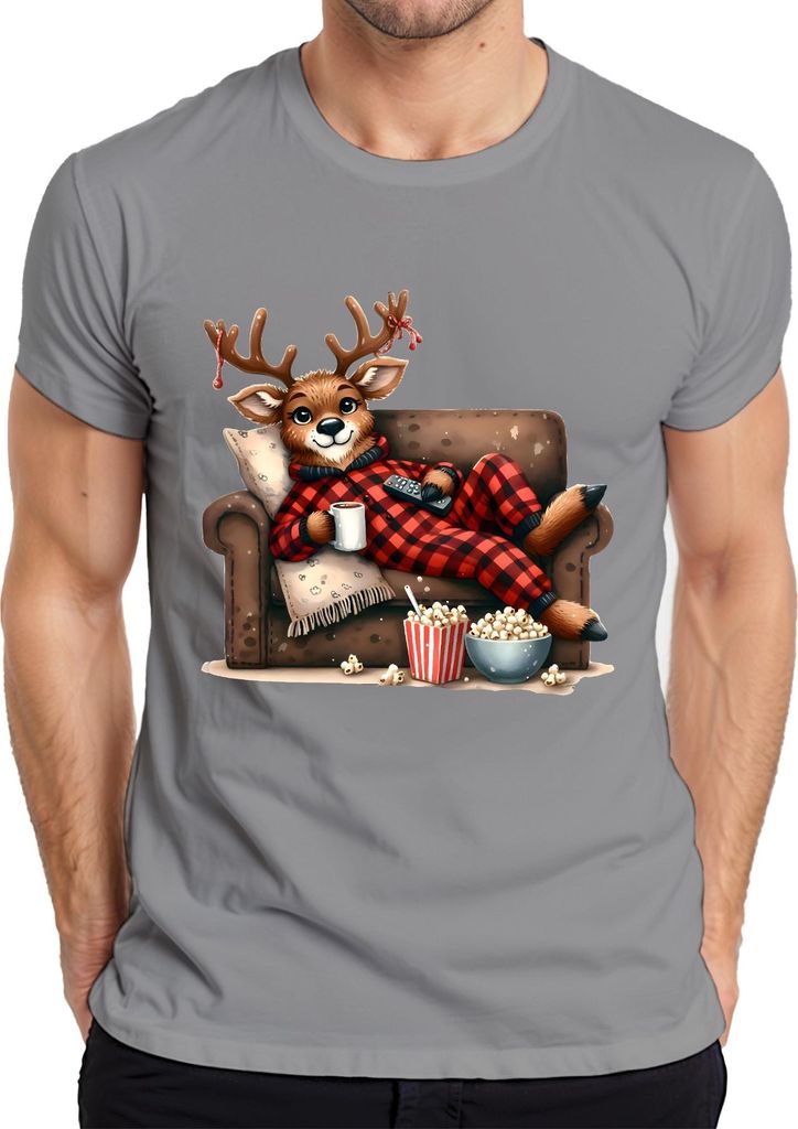 Faules Rentier Weihnachten Kinoabend Popcorn Pyjama Kuschelig Herren T-Shirt, Grau, XXL