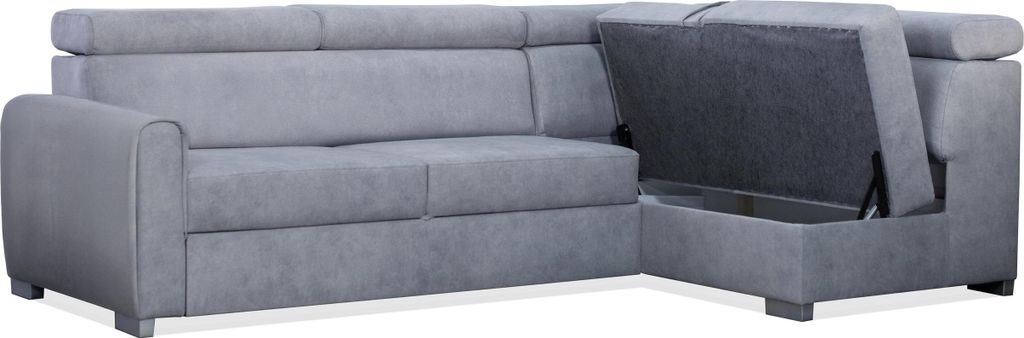 BETTSO Ecksofa COVO aus blauem Velours mit Schlaffunktion und verstellbaren Kopfstützen Rechts