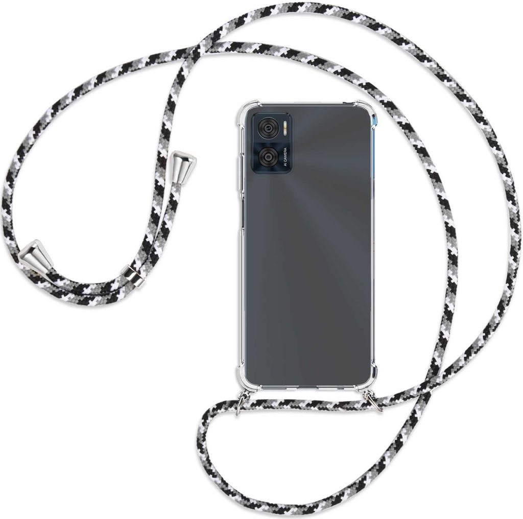 Handykette Backcover-Schutzhülle mit Band (Metall silberfarben) für Motorola Moto E22, Moto E22i 4G - schwarz/grau/weiß