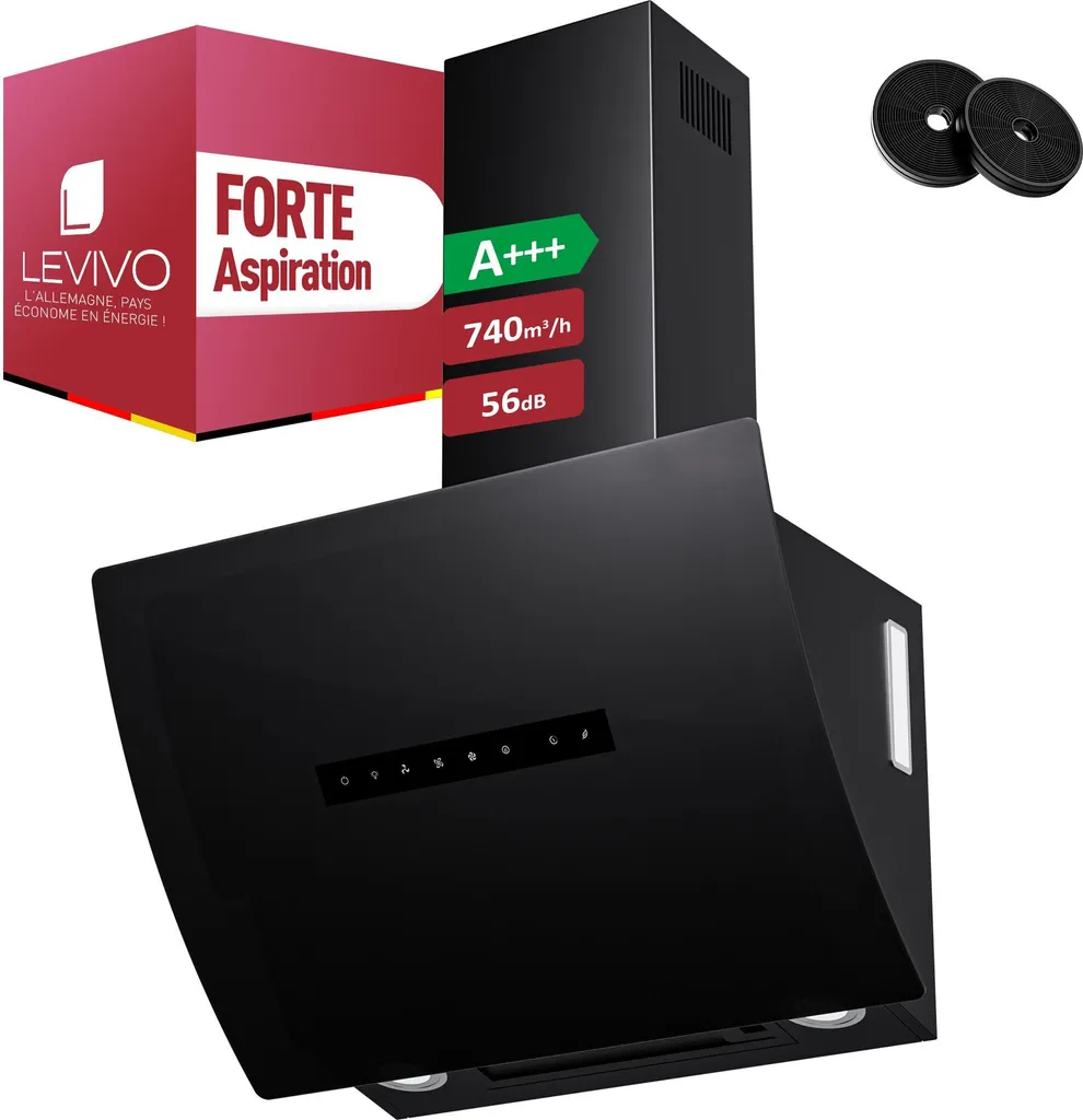 LEVIVO Hotte aspirante 60 cm A+++ recyclage et évacuation 740 m³/h