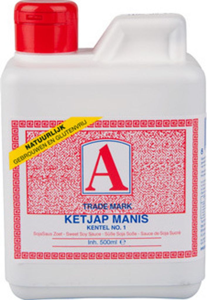 A bottle of Ketjap Manis (sweet soy sauce) with its label.
